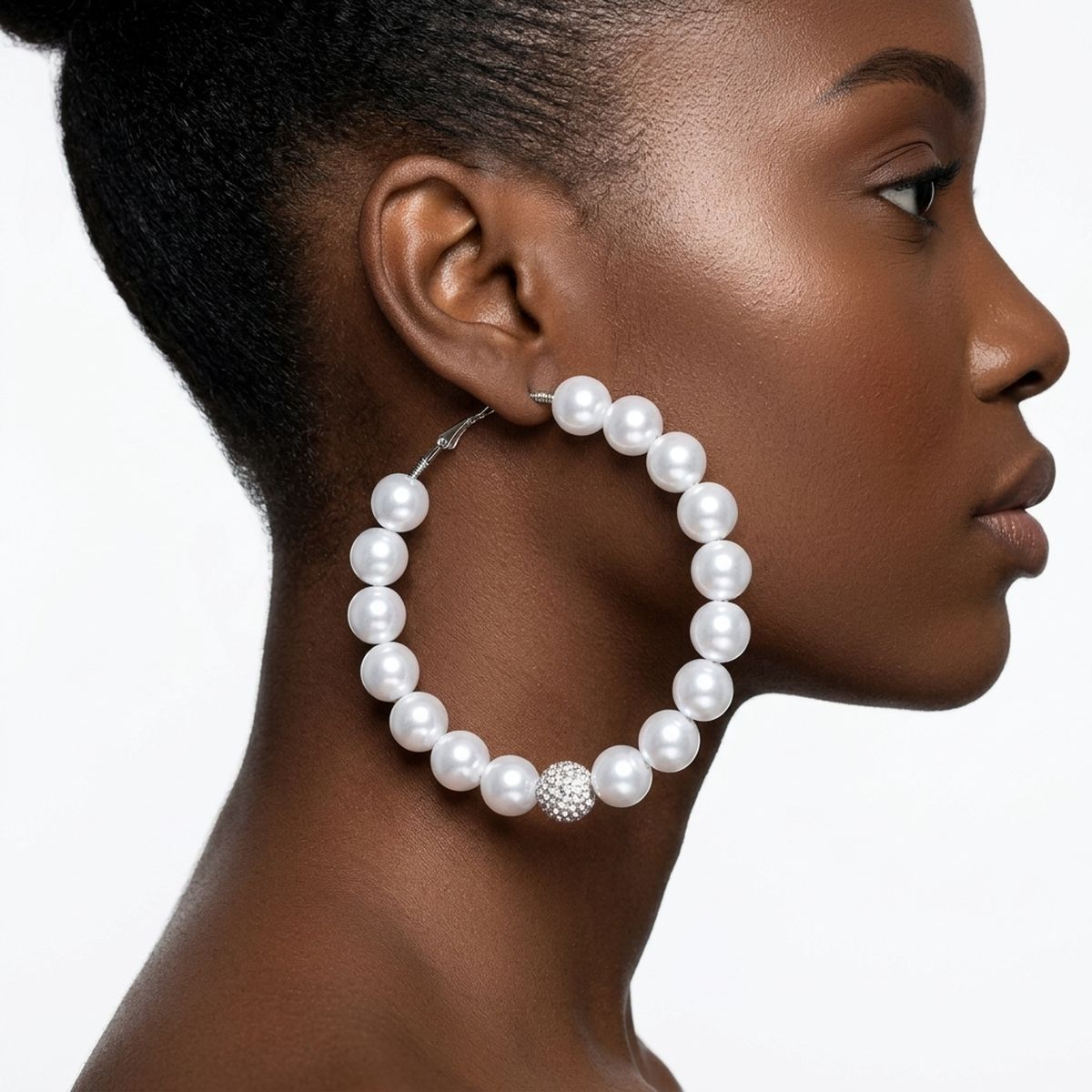 White Pearl & Stone Encrusted Bead Hoop Earrings