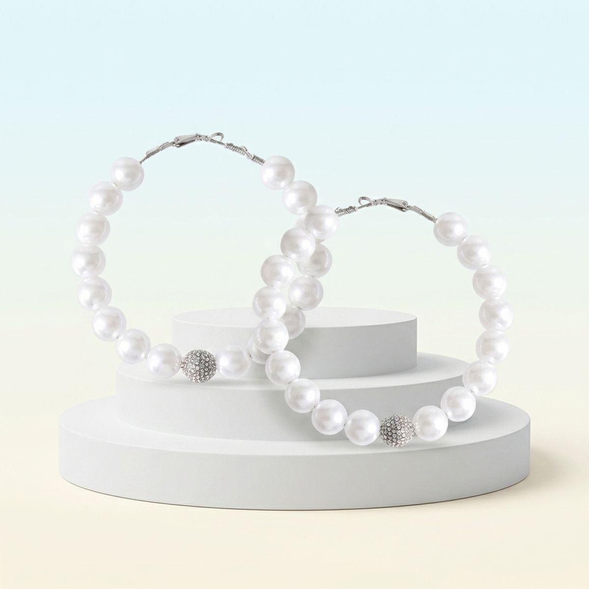 White Pearl & Stone Encrusted Bead Hoop Earrings
