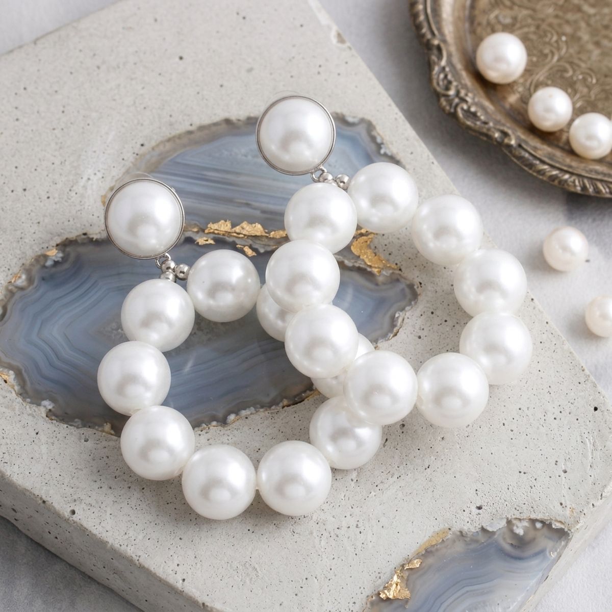 White Pearl Teardrop Chunky Earrings for Women