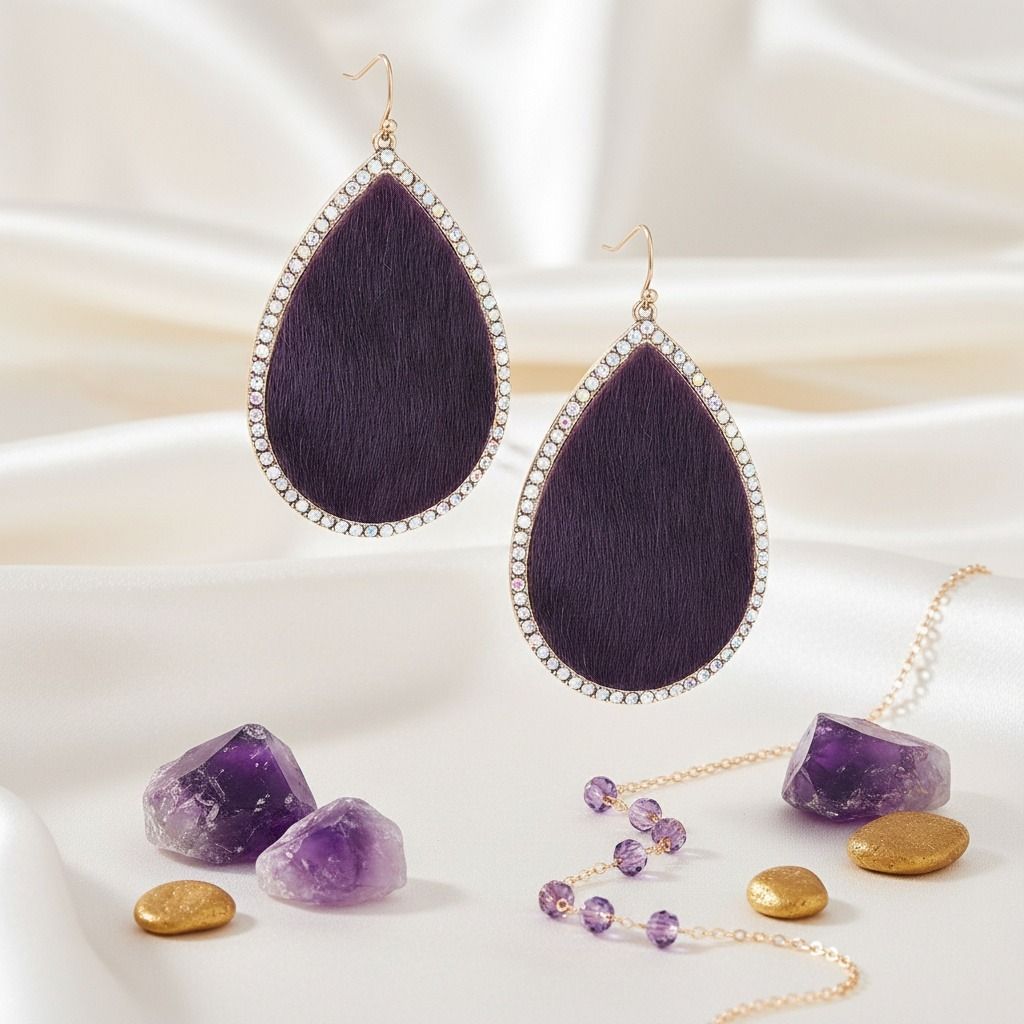 Purple Genuine Leather Teardrop Earrings