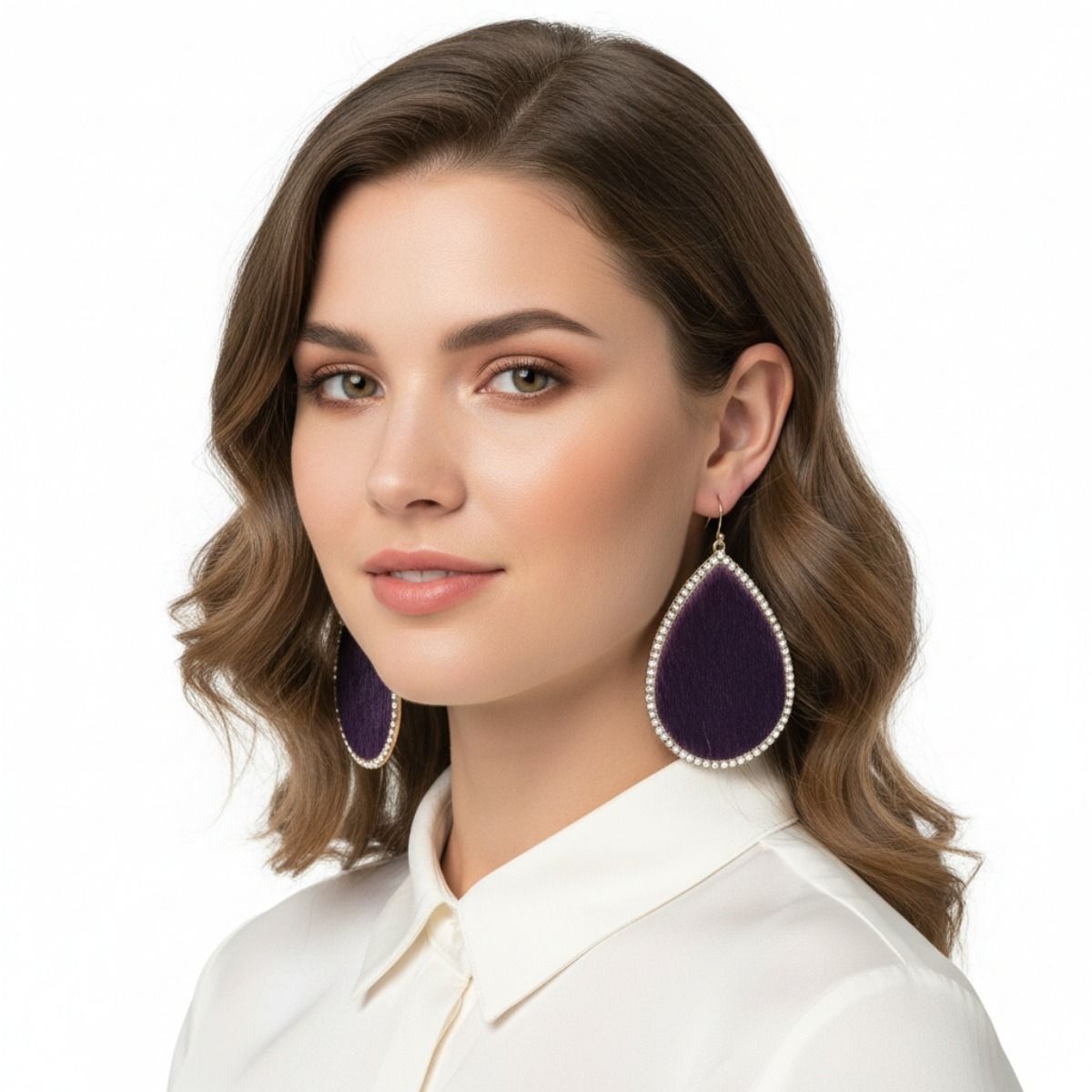 Purple Genuine Leather Teardrop Earrings