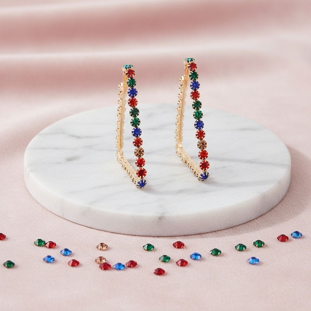 Multi Color Crystal Trapezoid Hoops