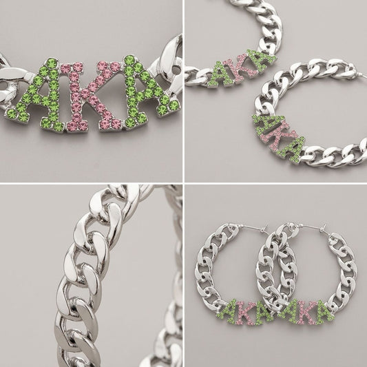 AKA Pink Green Stone Silver Chain Hoop Earrings