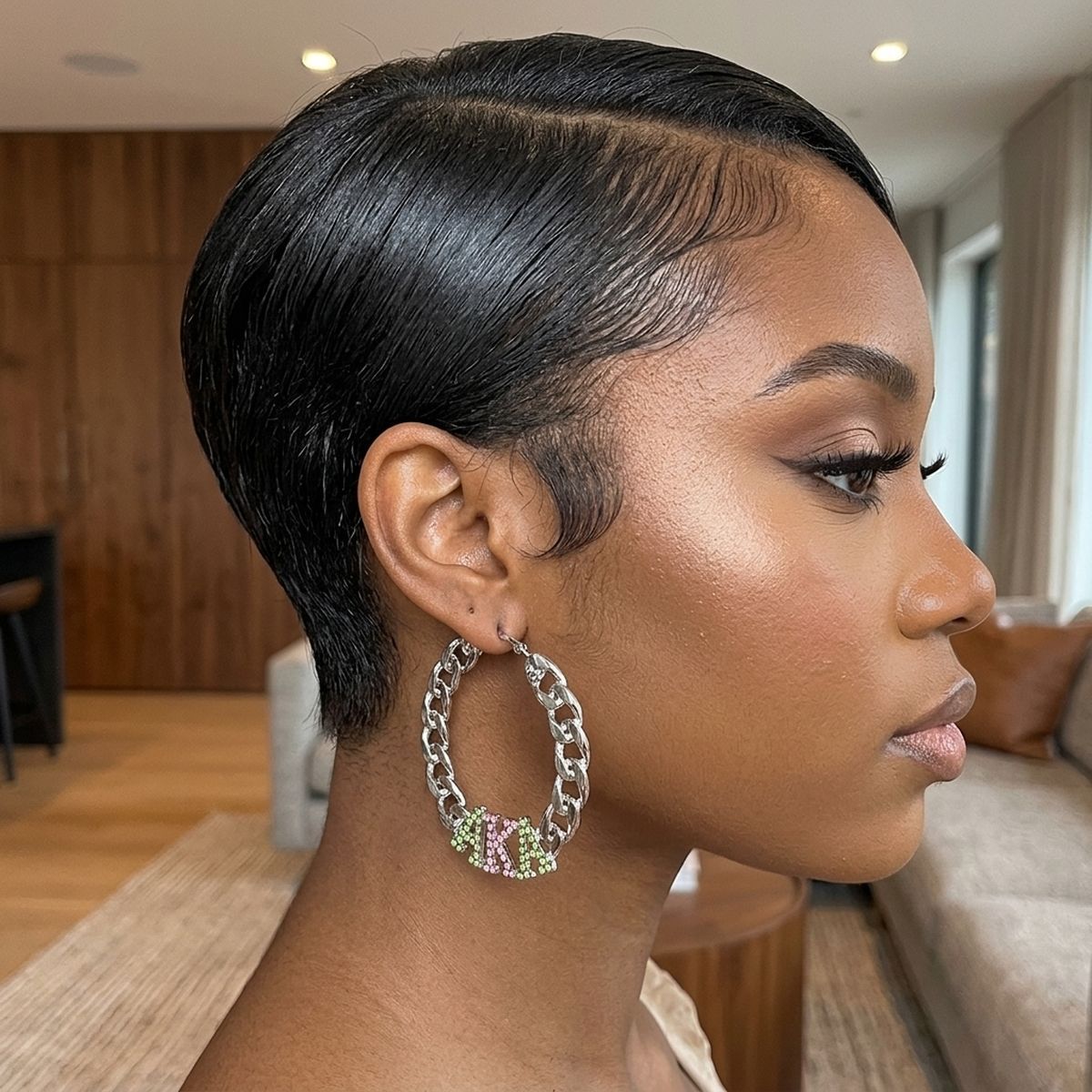 AKA Pink Green Stone Silver Chain Hoop Earrings