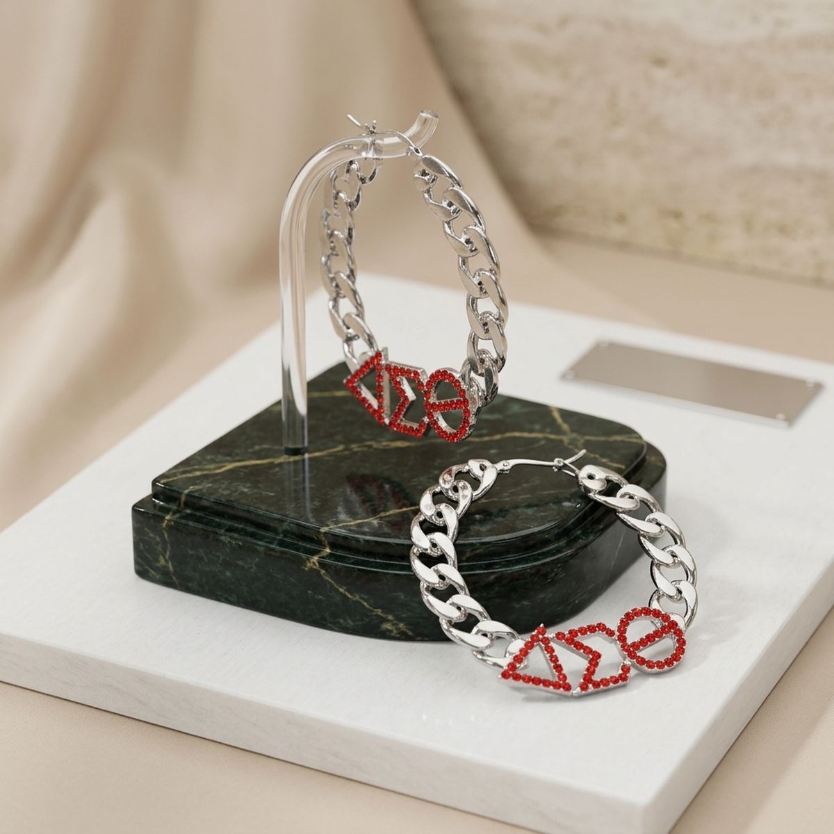 DST Red Rhinestone Silver Chain Hoop Earrings