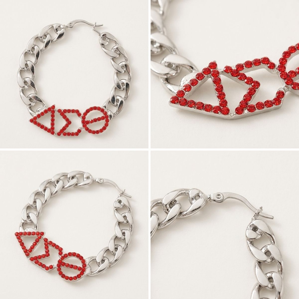 DST Red Rhinestone Silver Chain Hoop Earrings