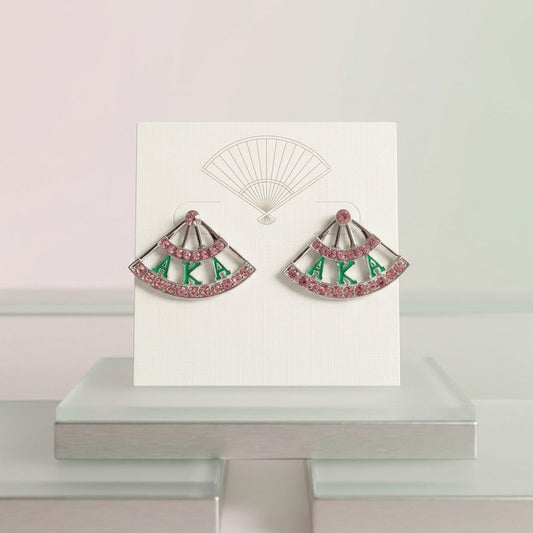 AKA Sorority Greek Pink Green Fan Stud Earrings