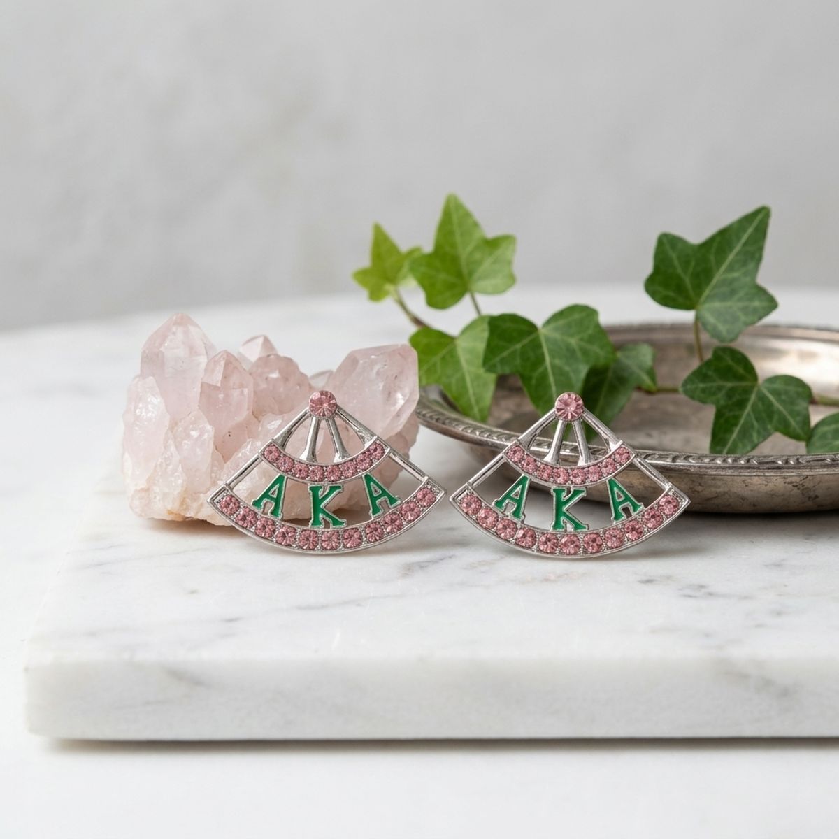 AKA Sorority Greek Pink Green Fan Stud Earrings