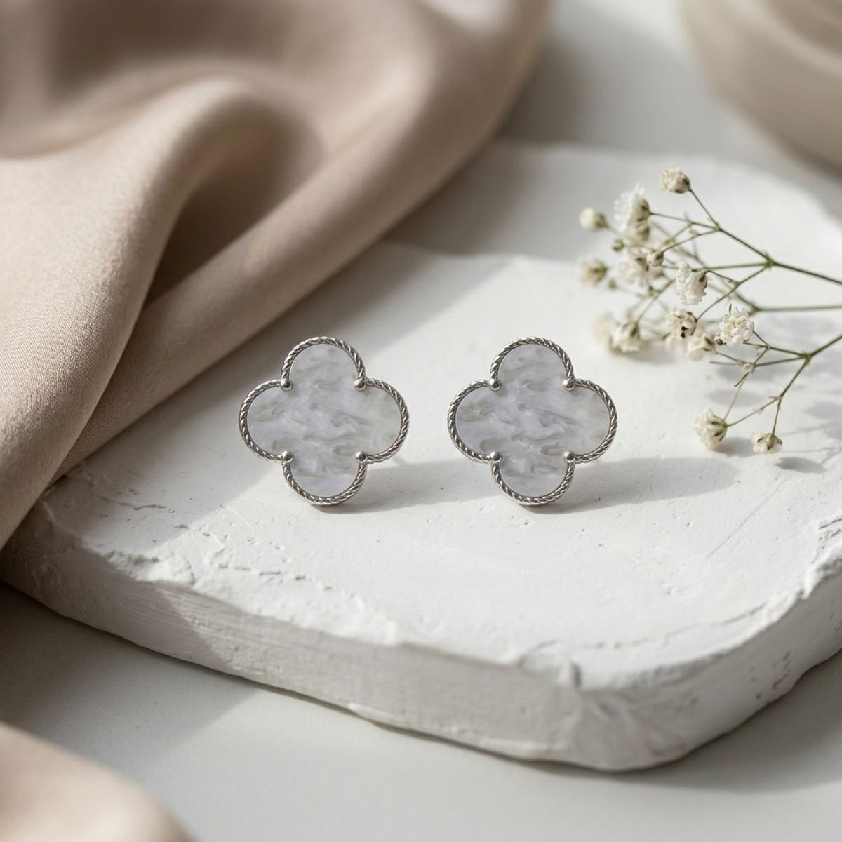 Stud Large White and Silver Quatrefoil Earrings