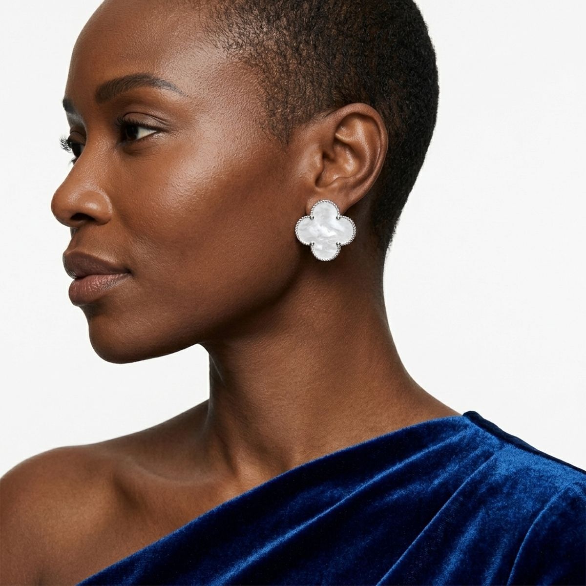 Stud Large White and Silver Quatrefoil Earrings