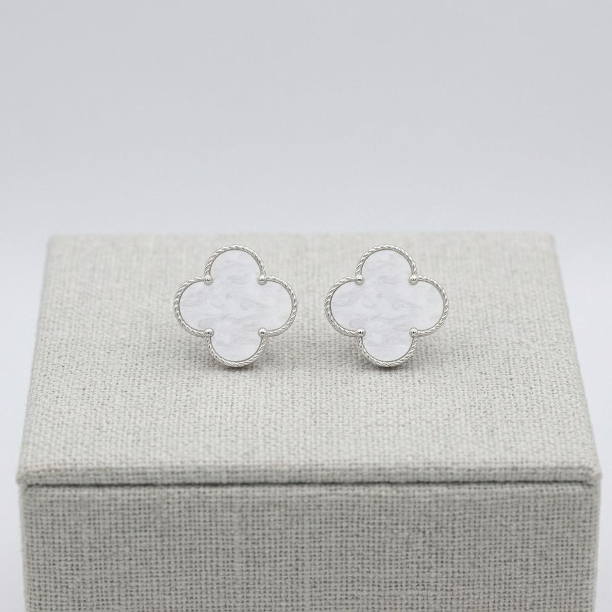 Stud Large White and Silver Quatrefoil Earrings