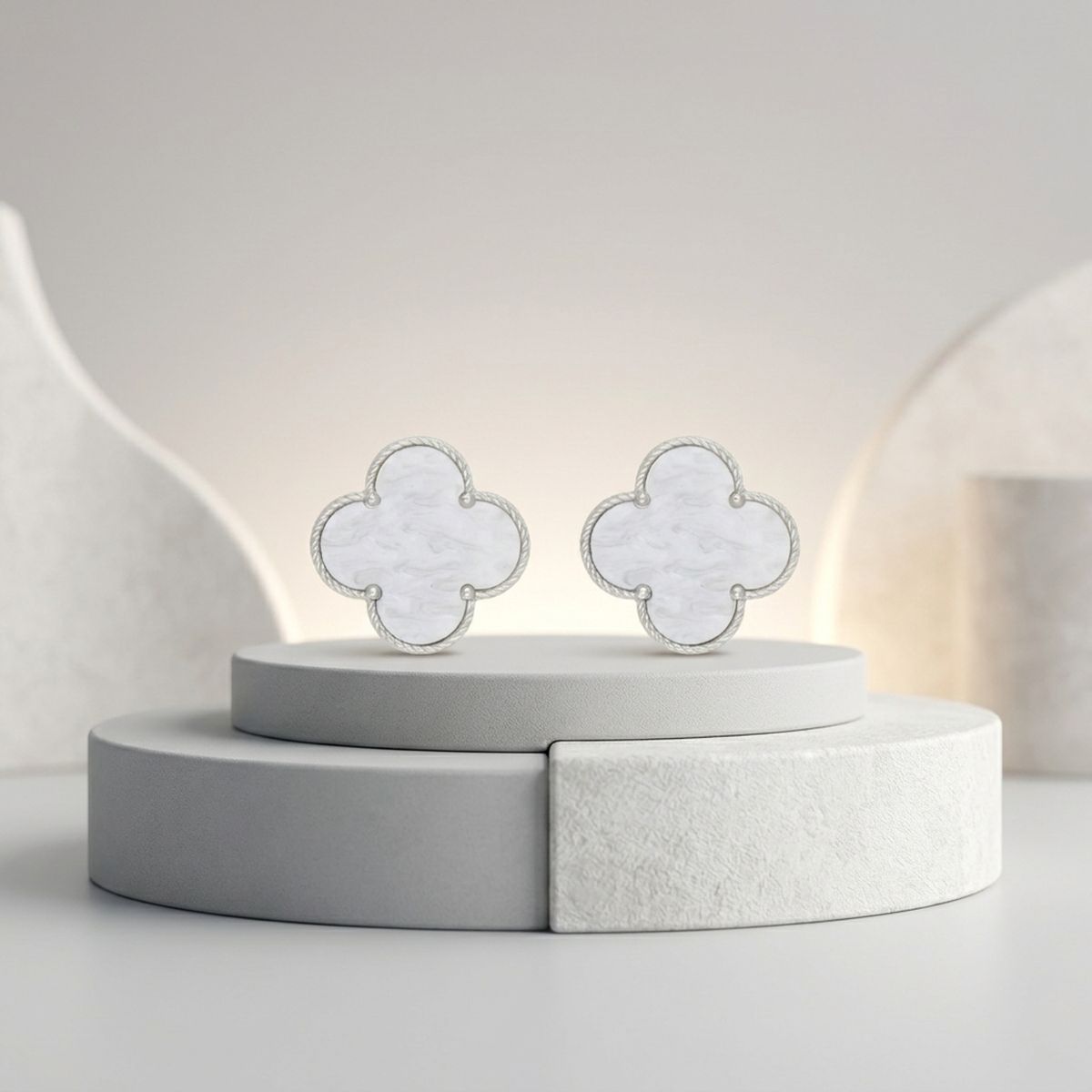 Stud Large White and Silver Quatrefoil Earrings