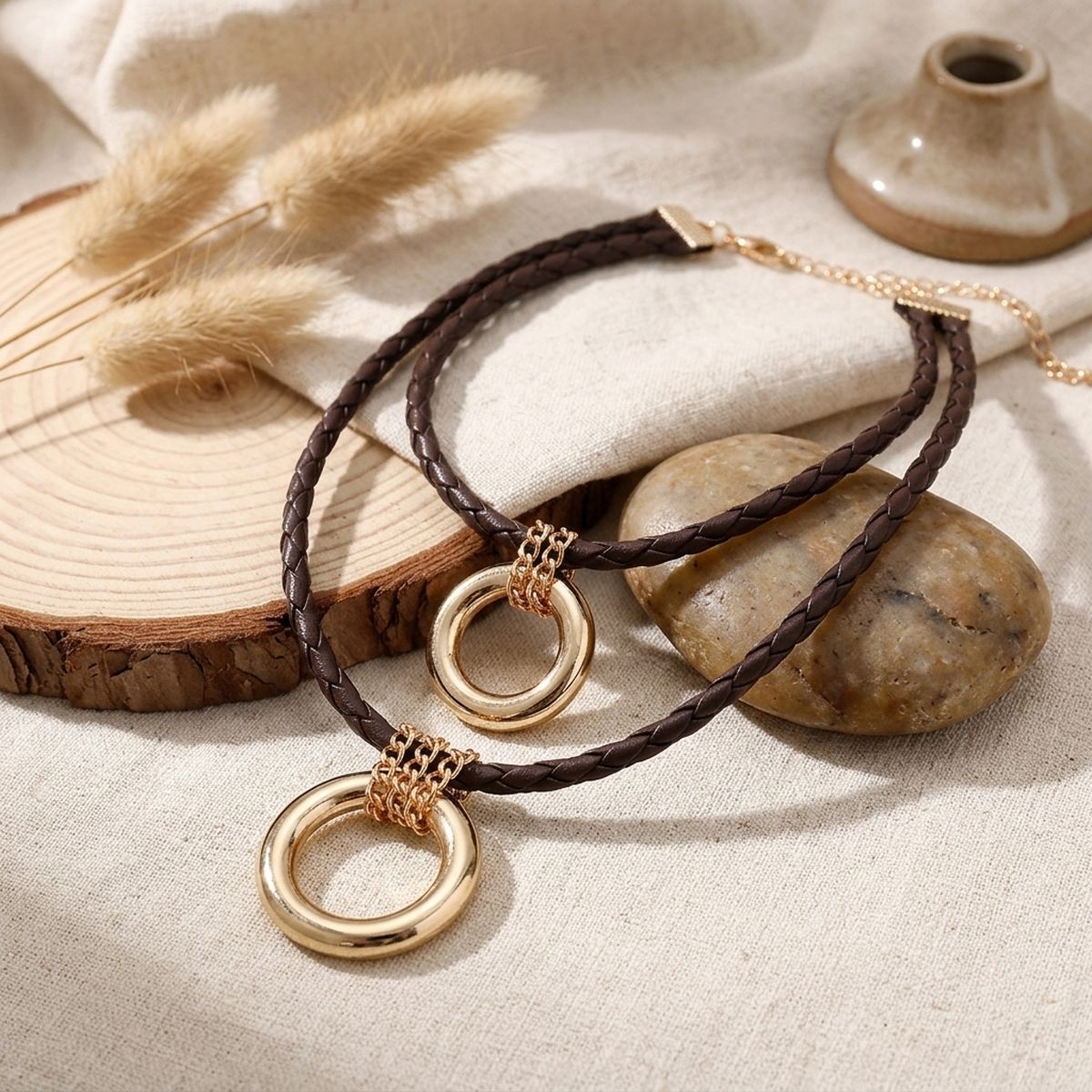 Dark Brown Leather Ring Necklace