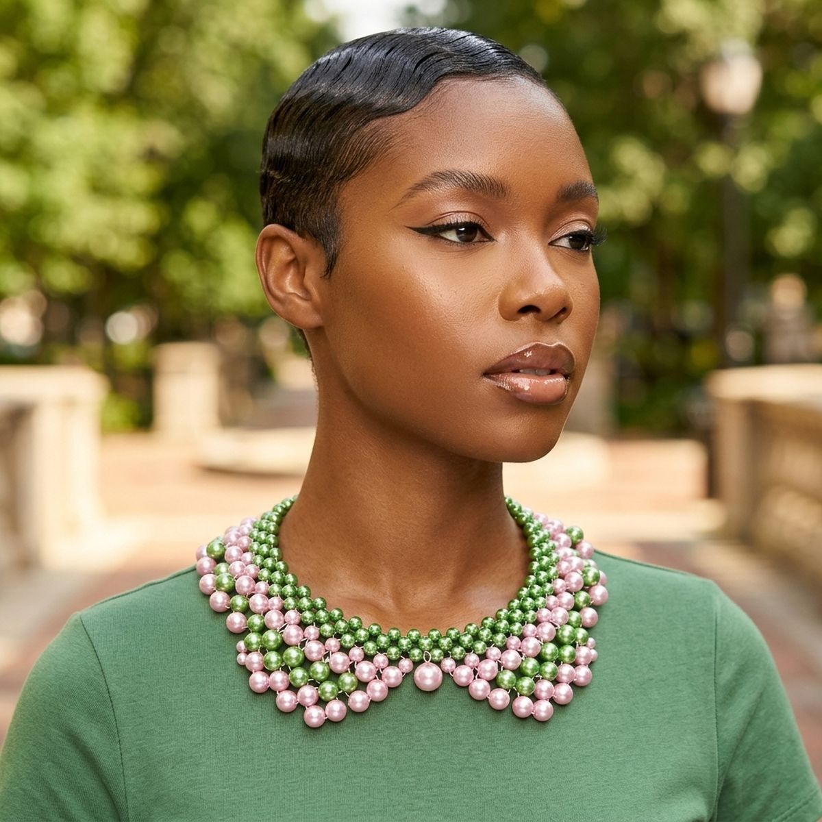 AKA Scalloped Pink Green Pearl Collar Necklace