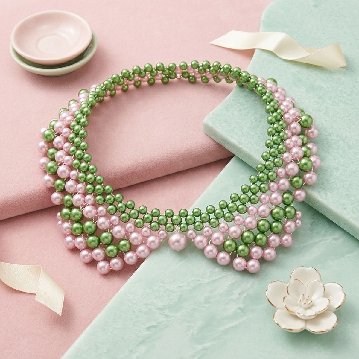 AKA Scalloped Pink Green Pearl Collar Necklace