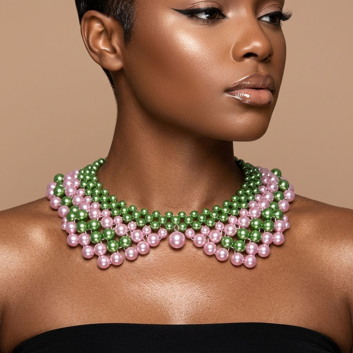 AKA Scalloped Pink Green Pearl Collar Necklace