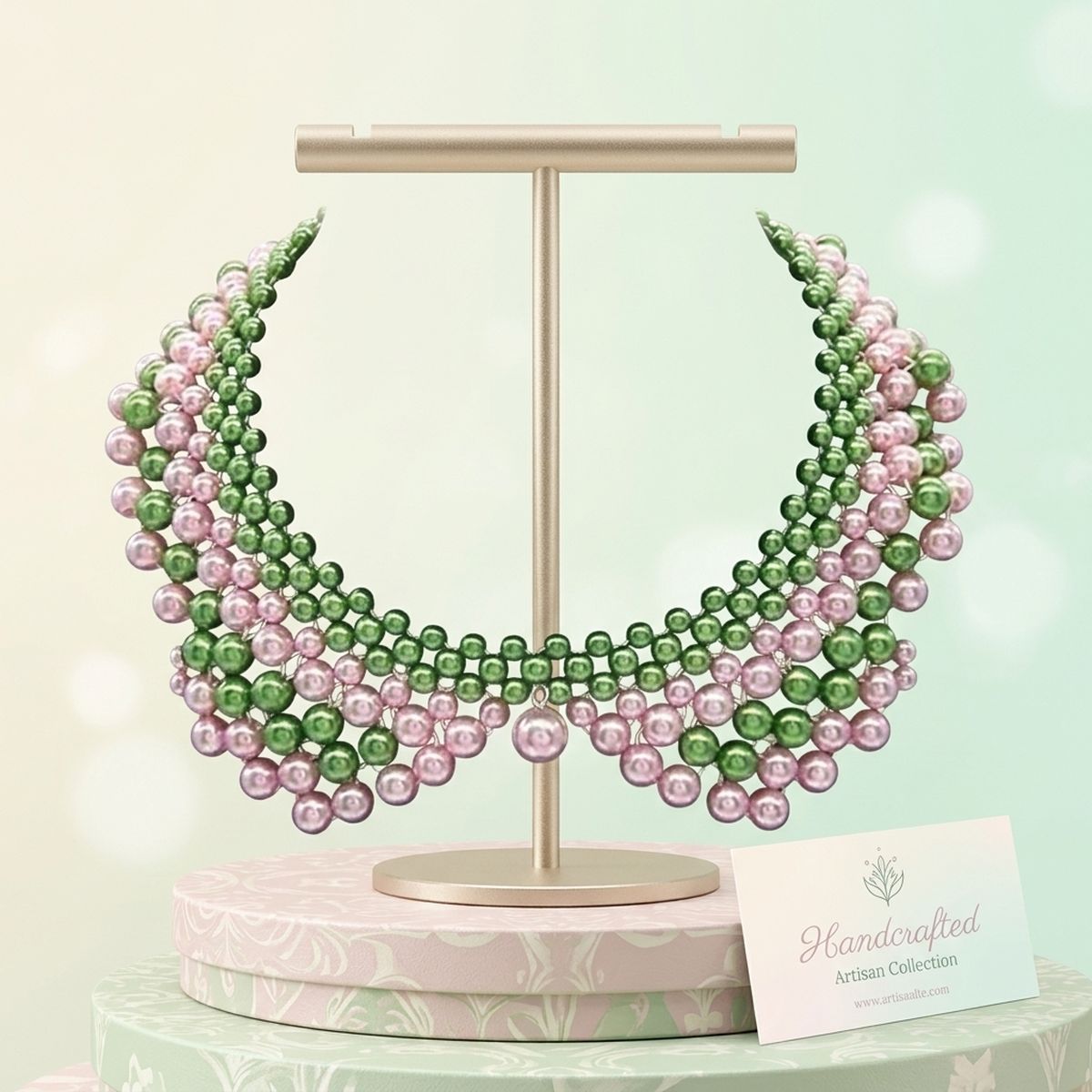 AKA Scalloped Pink Green Pearl Collar Necklace