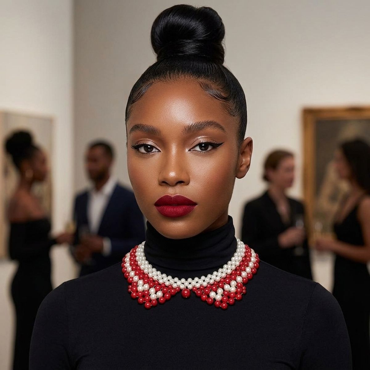 DST Scalloped Red White Pearl Collar Necklace
