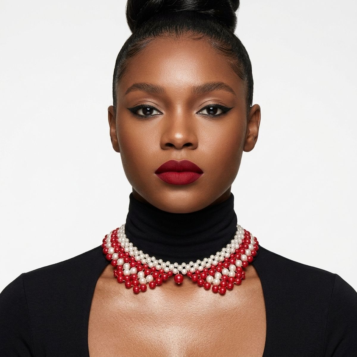 DST Scalloped Red White Pearl Collar Necklace