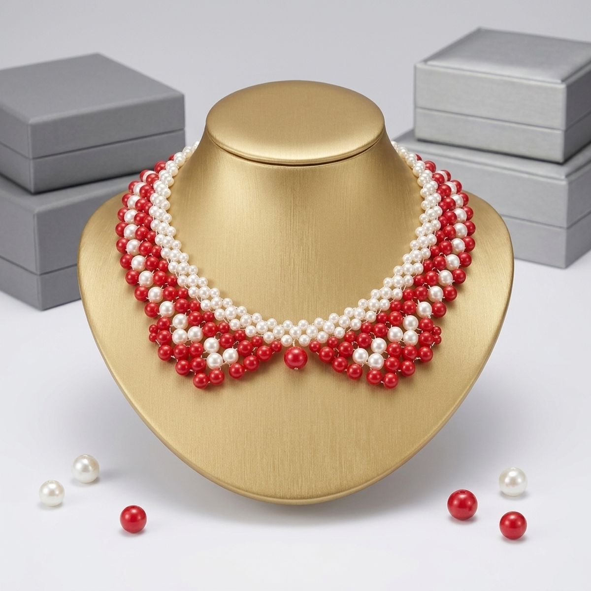 DST Scalloped Red White Pearl Collar Necklace
