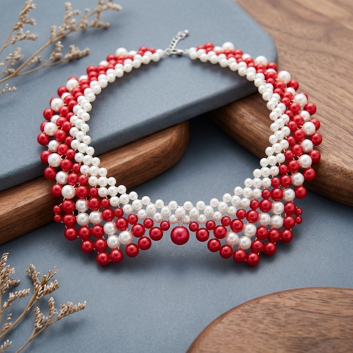 DST Scalloped Red White Pearl Collar Necklace