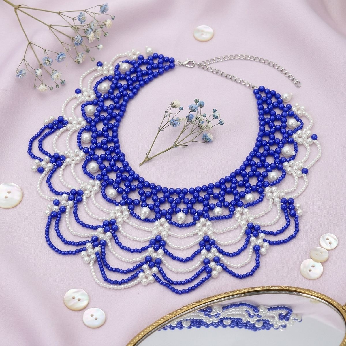 ZPB Cascading Blue White Pearl Collar Necklace