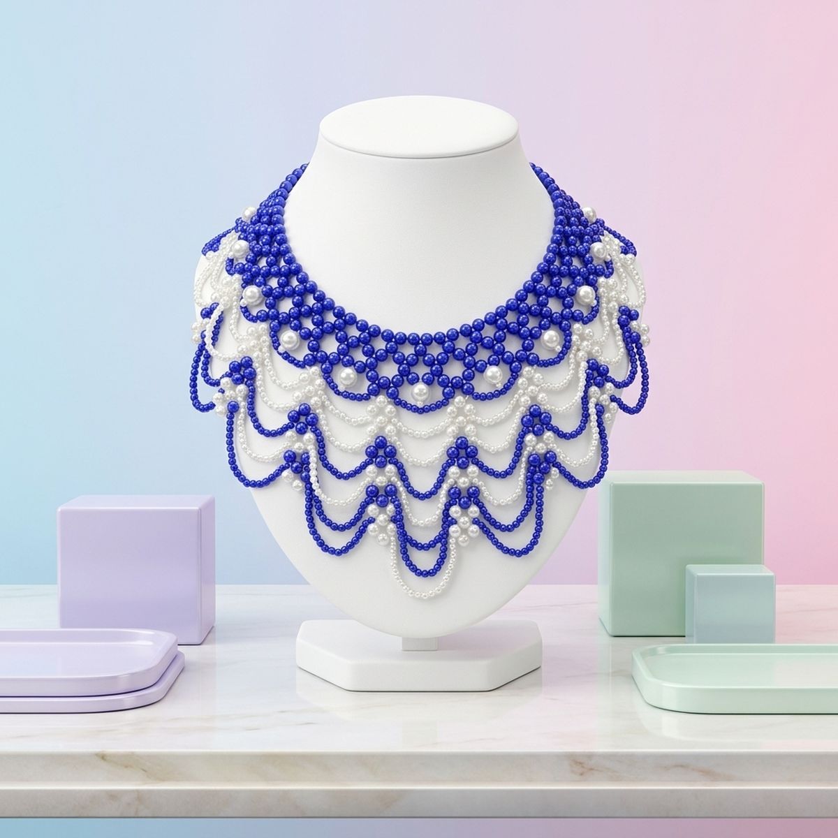 ZPB Cascading Blue White Pearl Collar Necklace