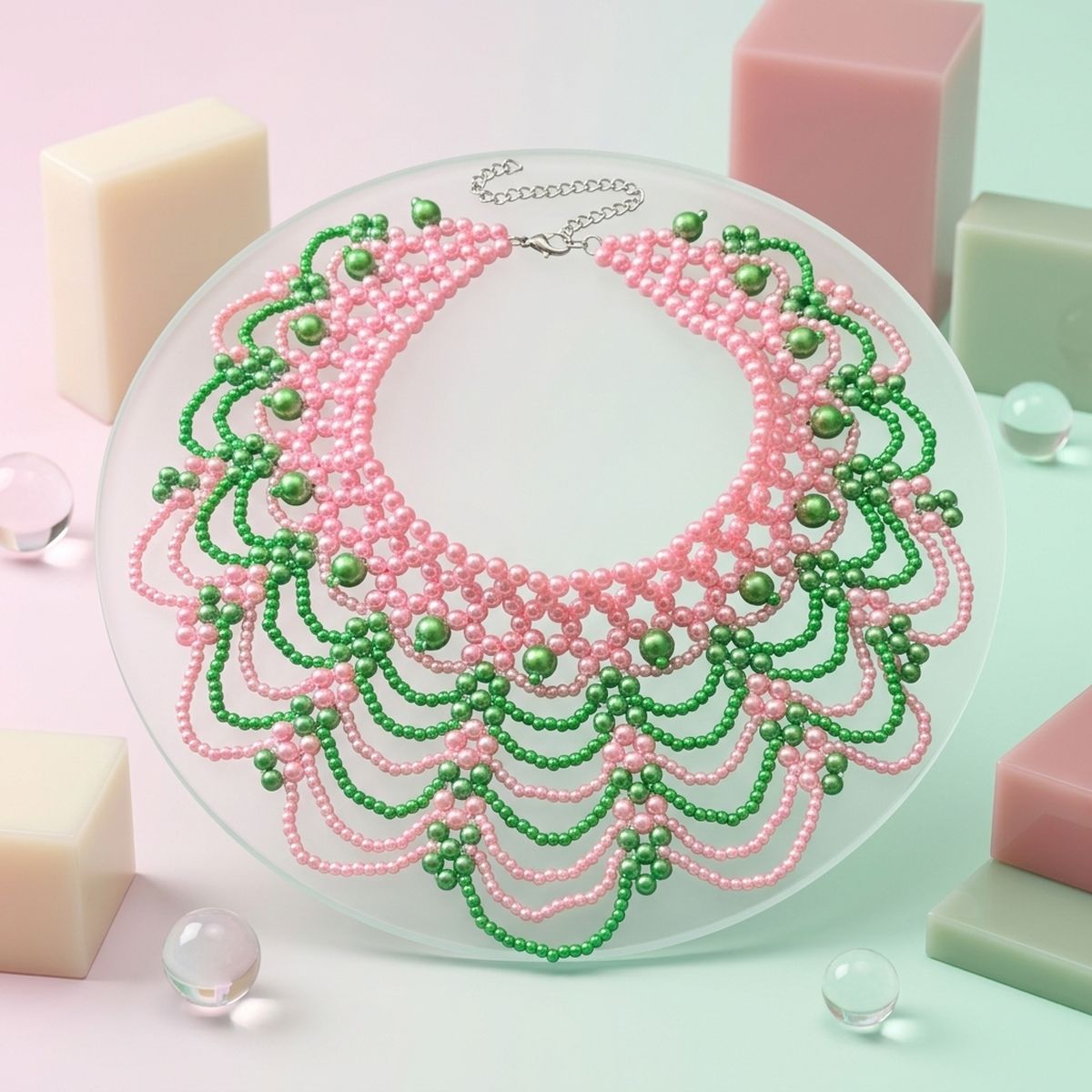 AKA Cascading Pink Green Pearl Collar Necklace