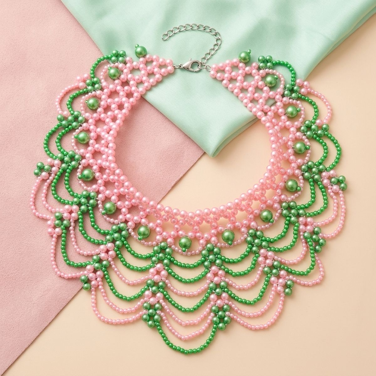AKA Cascading Pink Green Pearl Collar Necklace