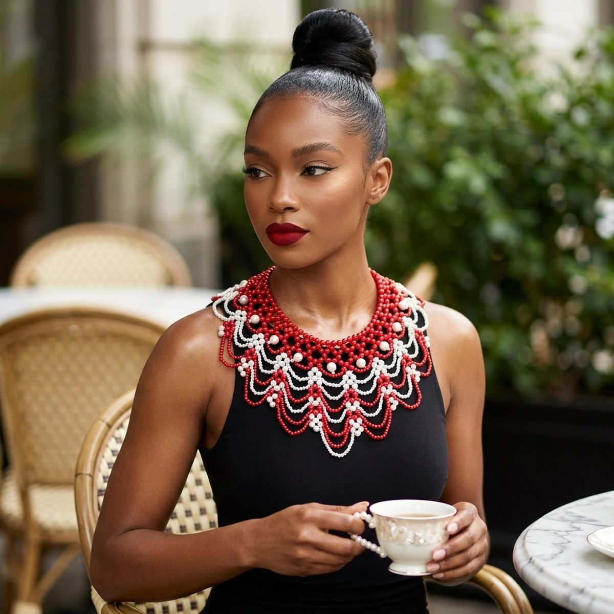 DST Cascading Red White Pearl Collar Necklace