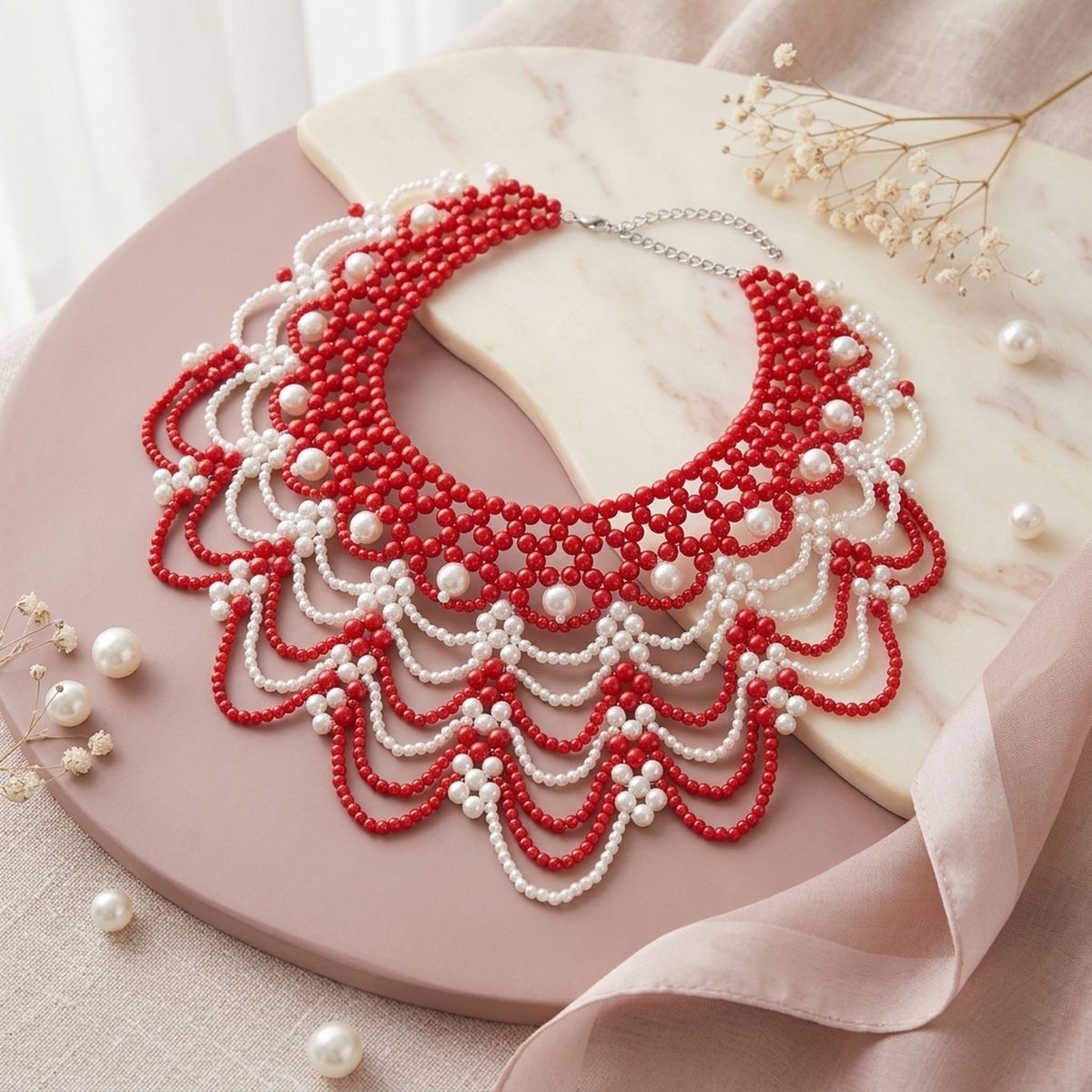 DST Cascading Red White Pearl Collar Necklace