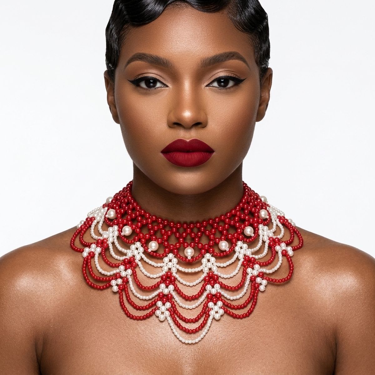 DST Cascading Red White Pearl Collar Necklace