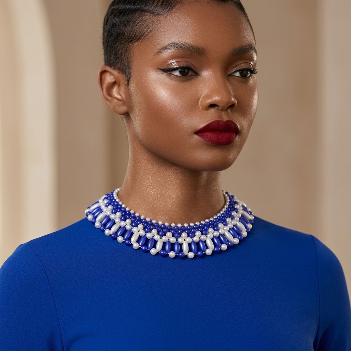 ZPB Blue and White Oval Pearl Collar Necklace