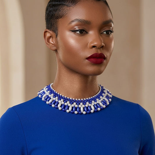 ZPB Blue and White Oval Pearl Collar Necklace
