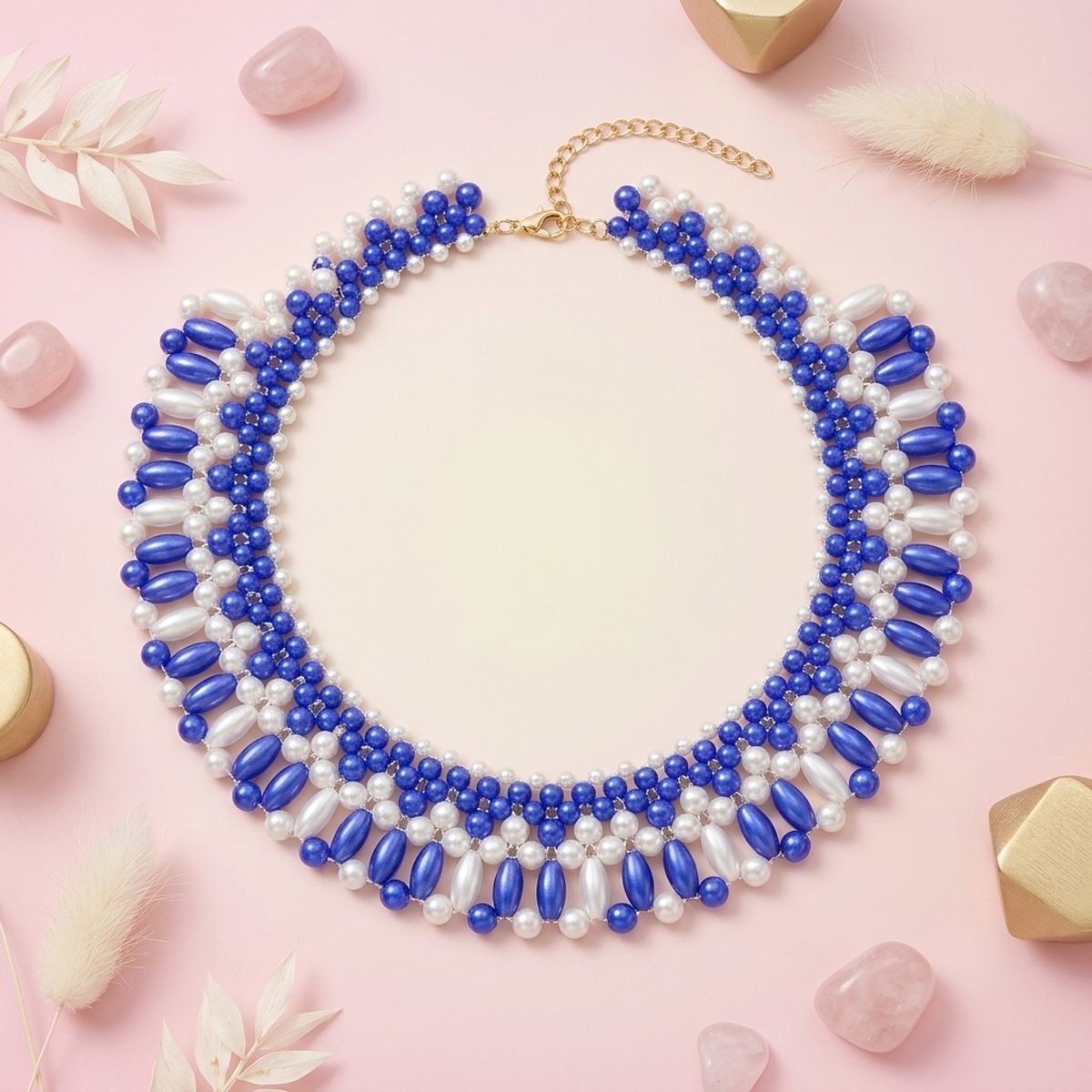ZPB Blue and White Oval Pearl Collar Necklace