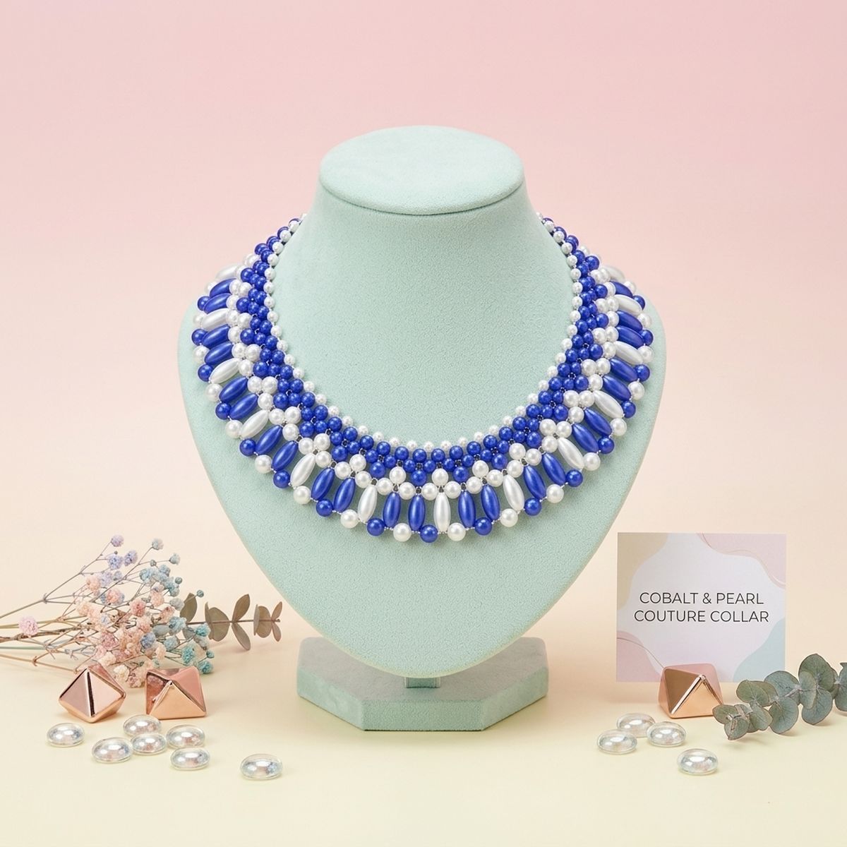 ZPB Blue and White Oval Pearl Collar Necklace