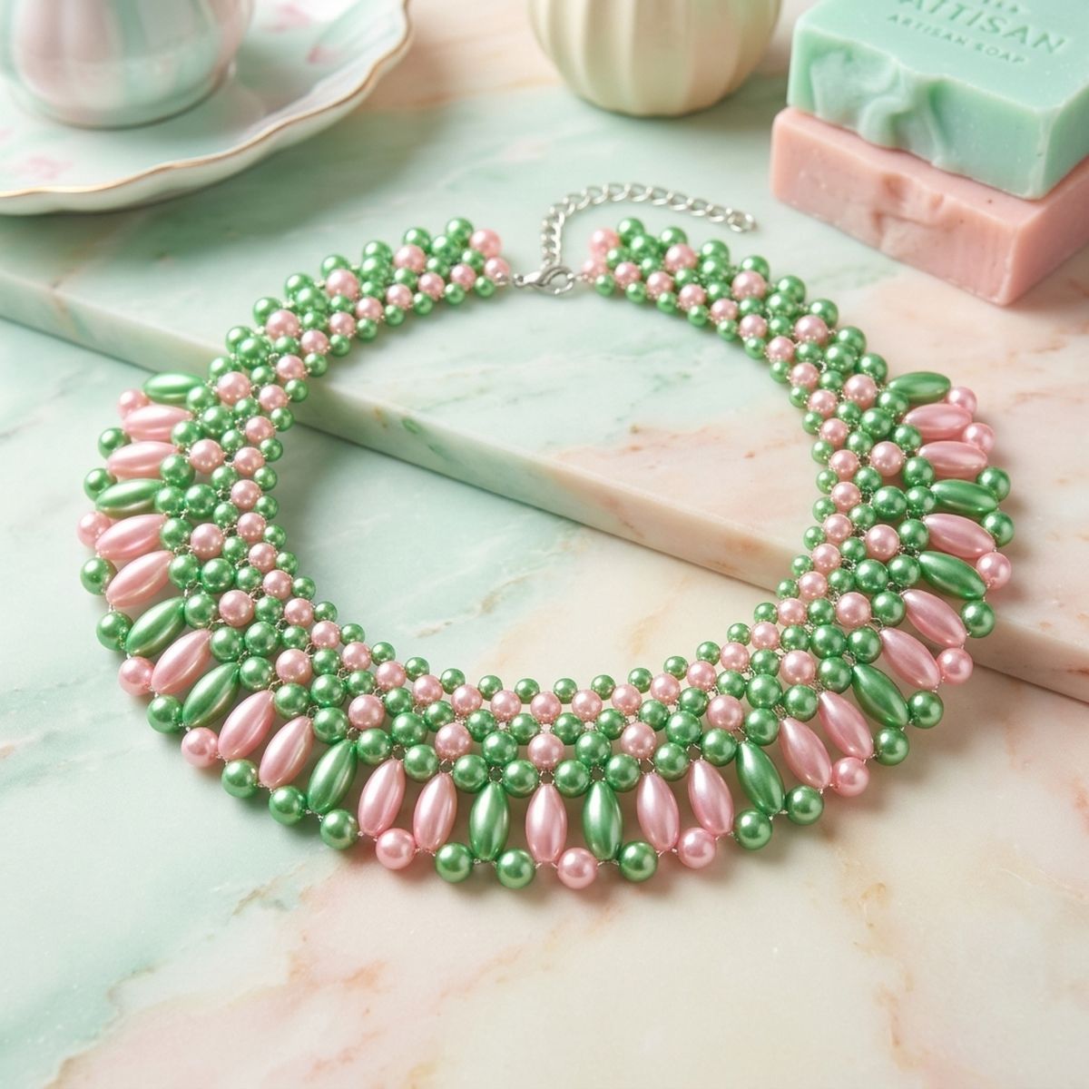 AKA Pink and Green Oval Pearl Collar Necklace