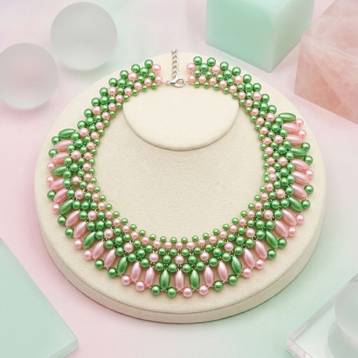 AKA Pink and Green Oval Pearl Collar Necklace