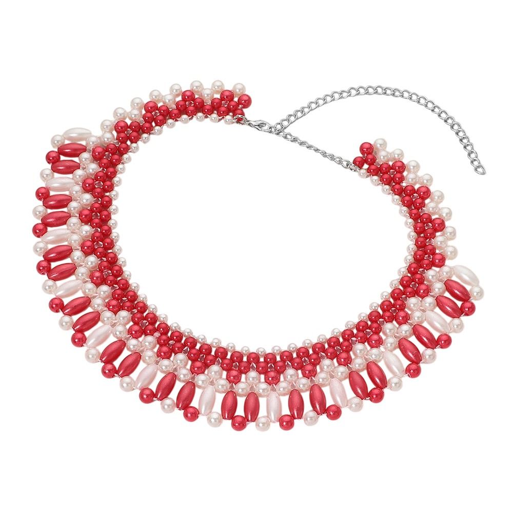 DST Red and White Oval Pearl Collar Necklace