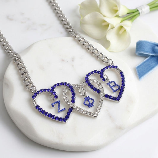 ZPB Blue and Clear Triple Heart Pendant Necklace