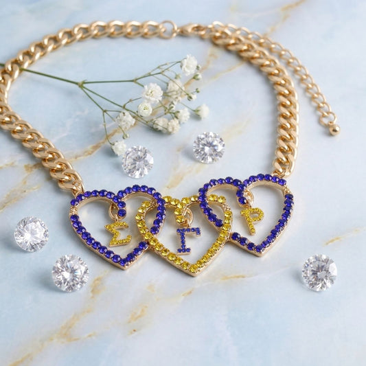 SGRHO Blue Gold Triple Heart Pendant Necklace