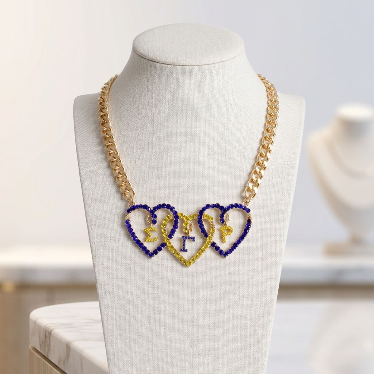SGRHO Blue Gold Triple Heart Pendant Necklace