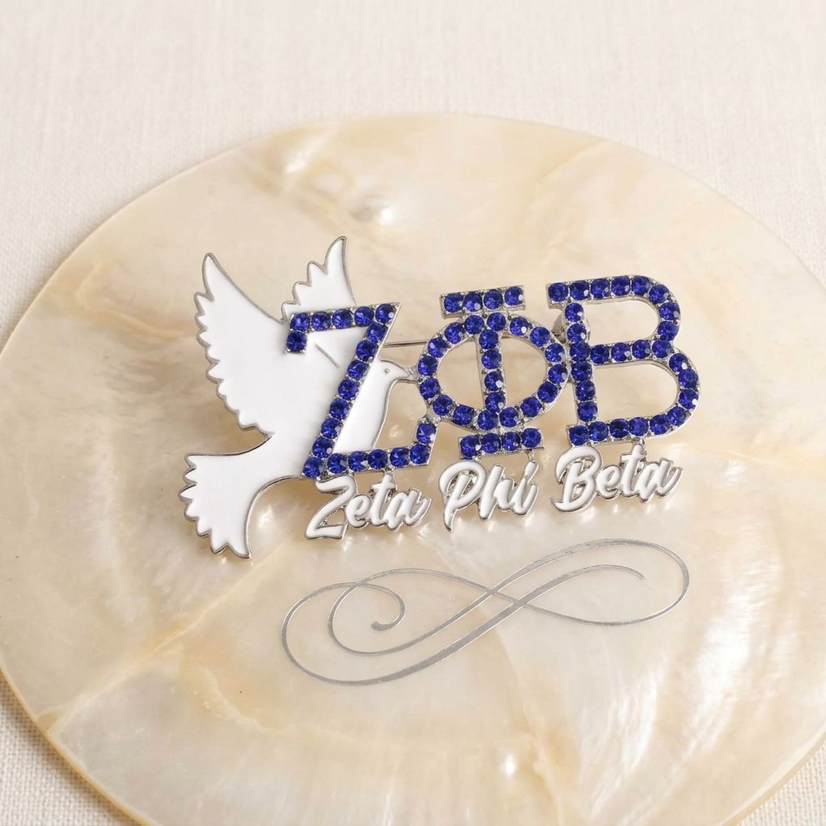 Zeta Phi Beta White Dove Rhinestone Brooch Pin