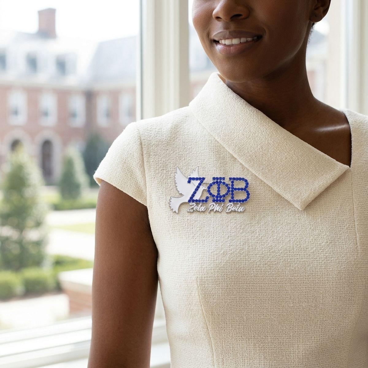 Zeta Phi Beta White Dove Rhinestone Brooch Pin