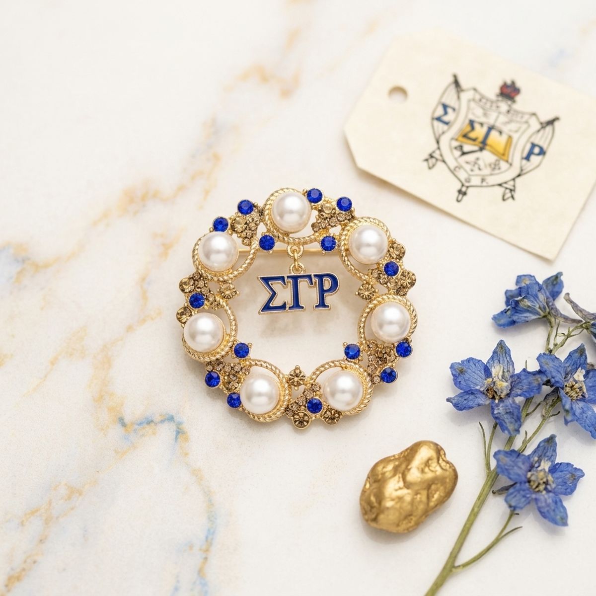 SGRHO Cream Pearl and Rhinestone Wreath Brooch Pin