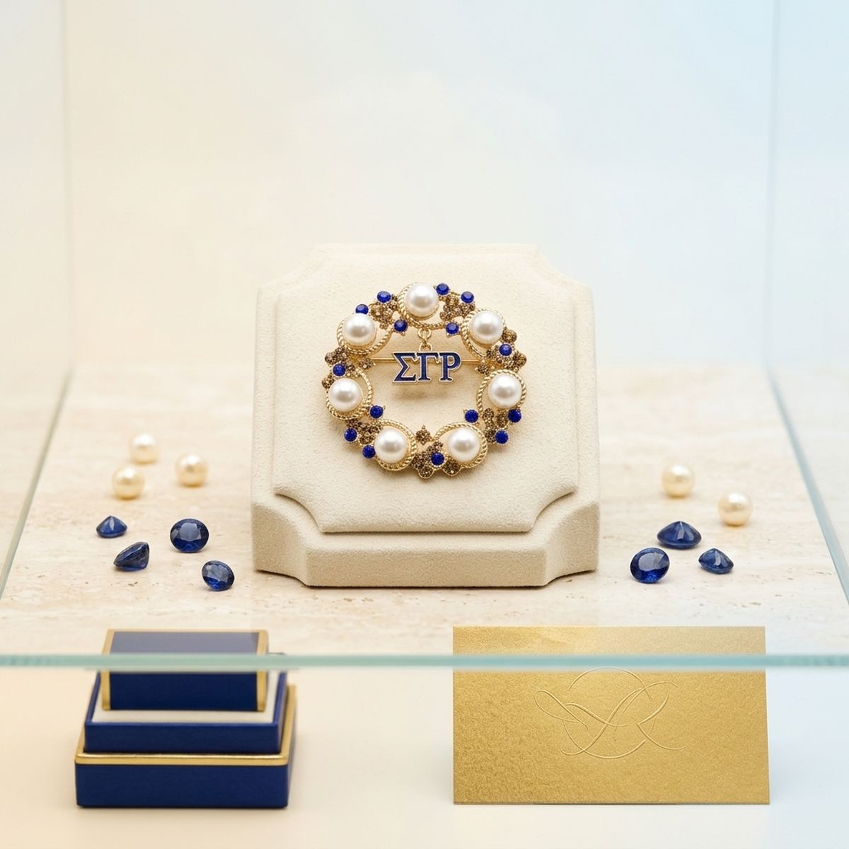 SGRHO Cream Pearl and Rhinestone Wreath Brooch Pin