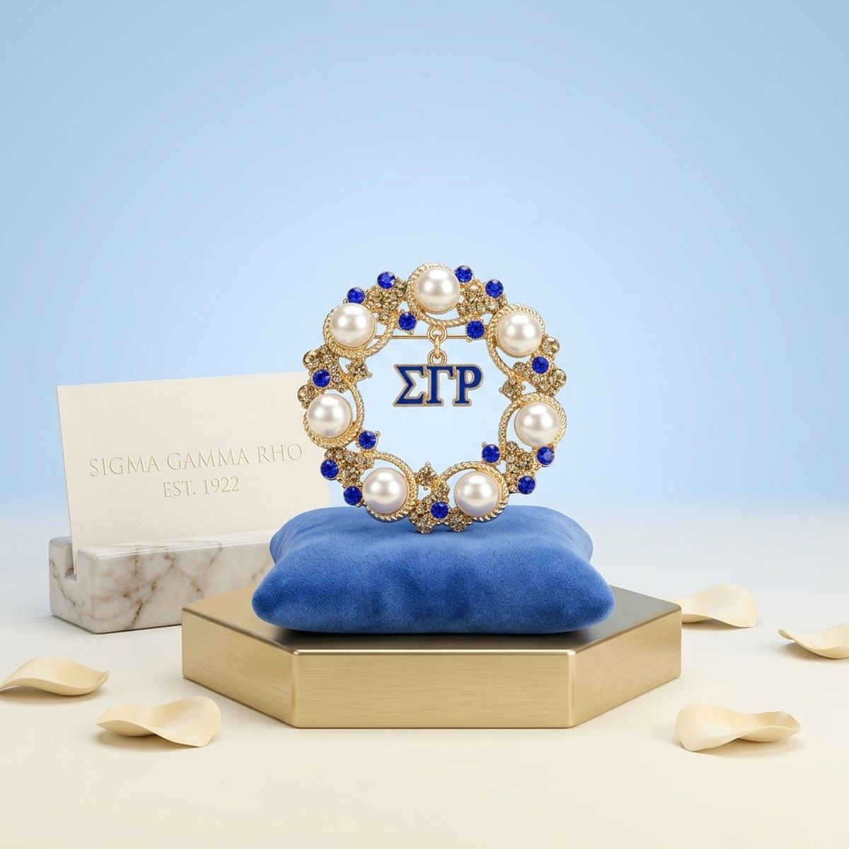SGRHO Cream Pearl and Rhinestone Wreath Brooch Pin