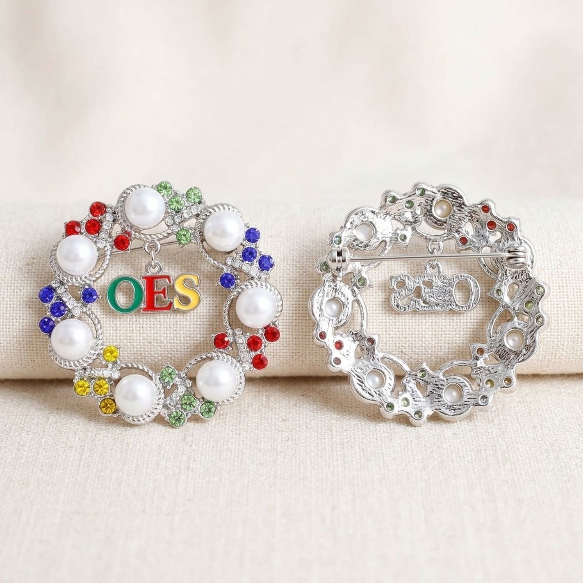OES White Pearl and Rhinestone Wreath Brooch Pin