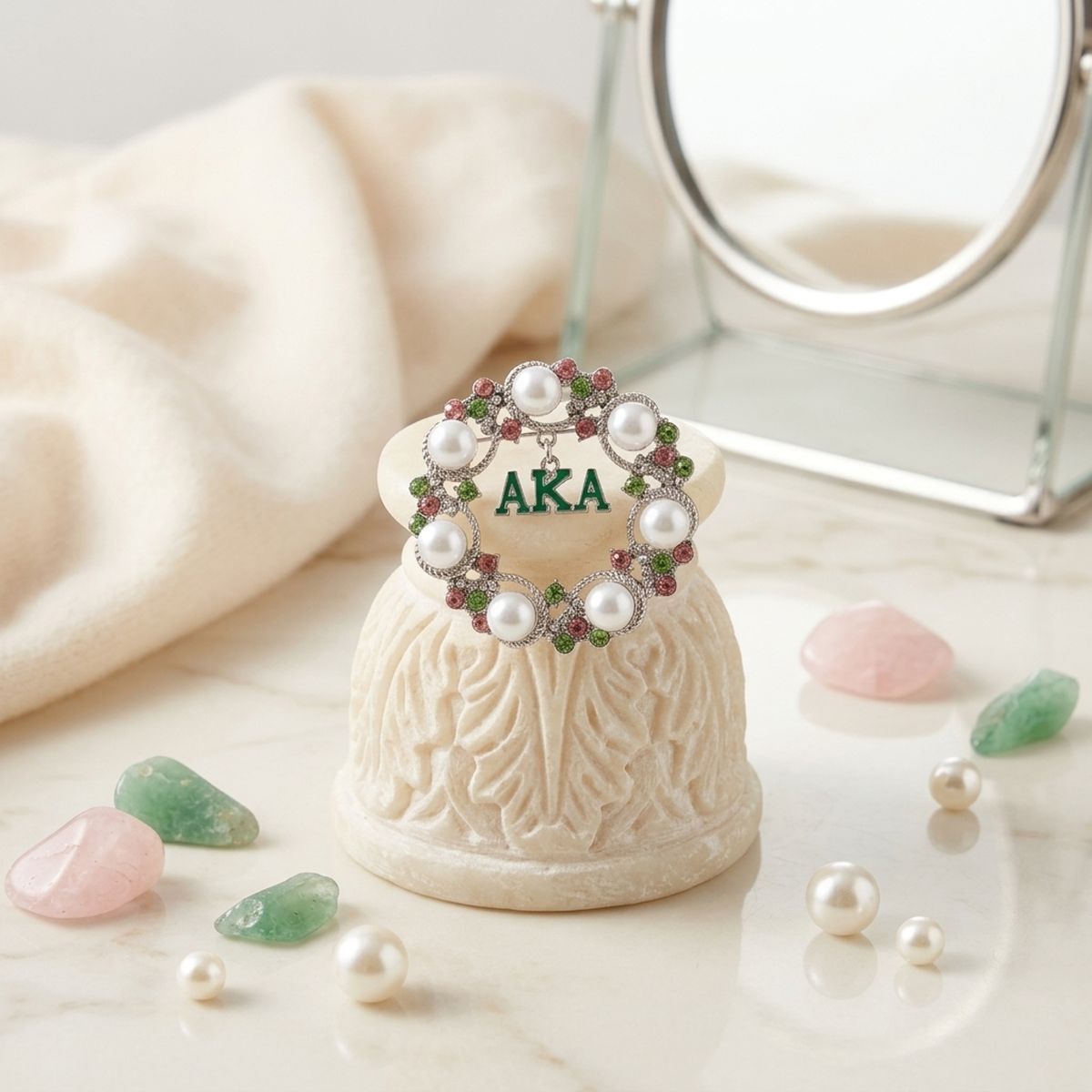 AKA White Pearl and Rhinestone Wreath Brooch Pin