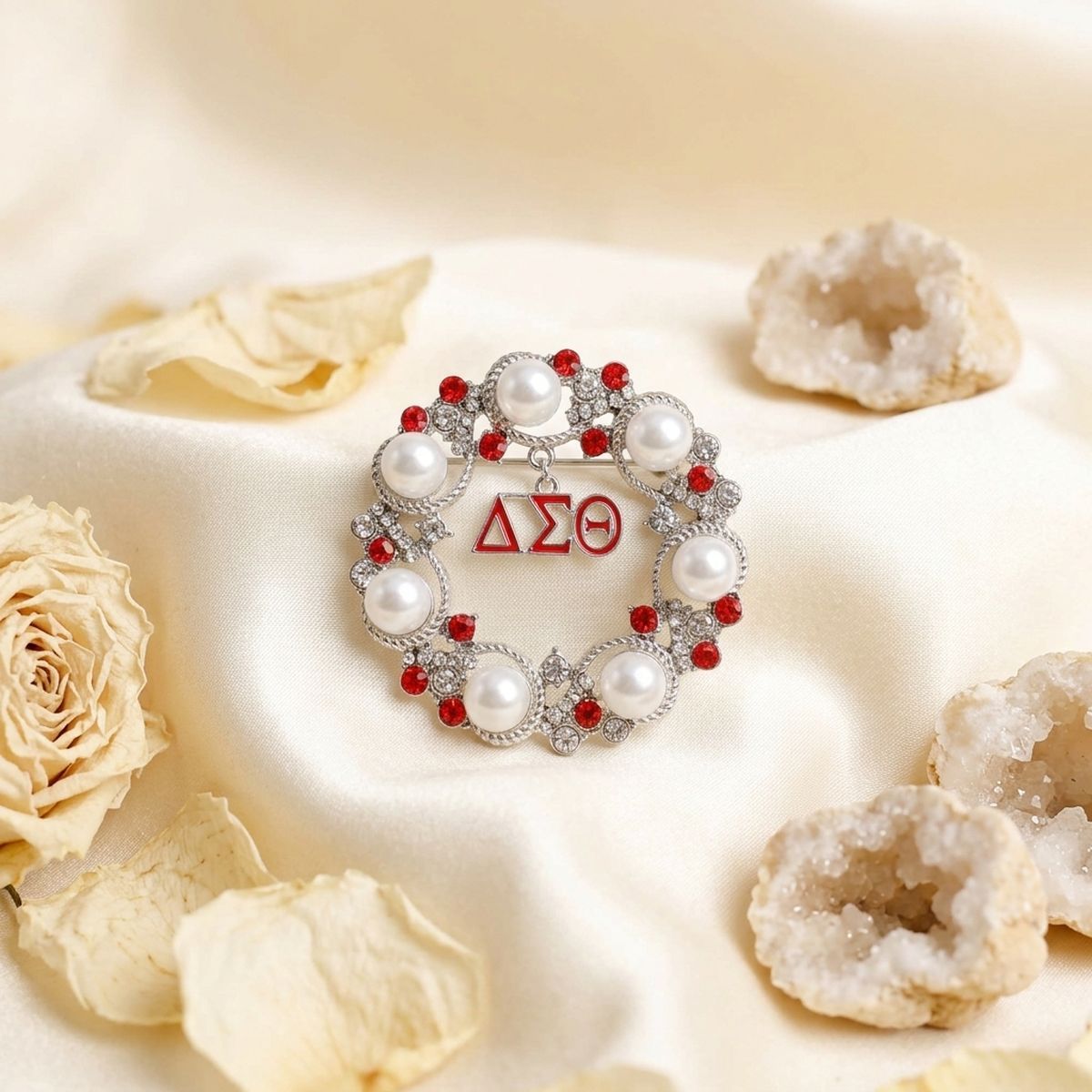 DST White Pearl Red Rhinestone Wreath Brooch Pin